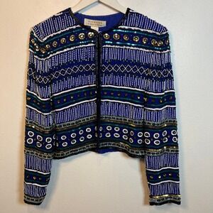 VTG Nitelife Retro Beaded Silk Cropped Jacket Womens M/L Cobalt Blue 80s Glam